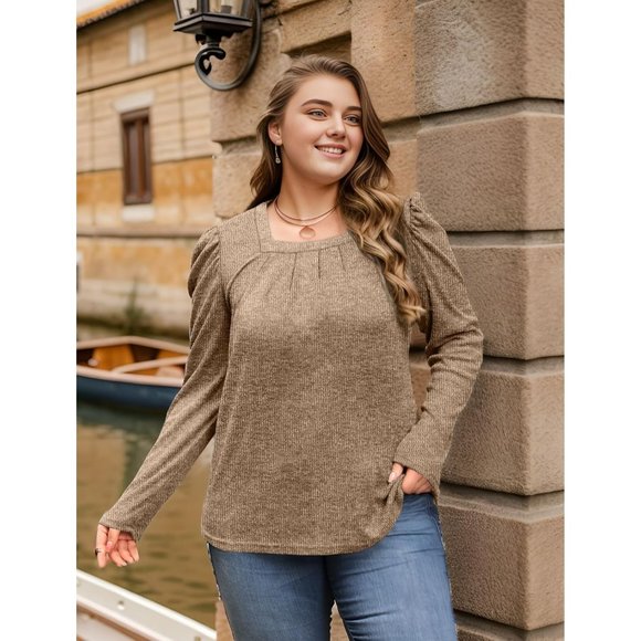 Womens Lightweight Puff Sleeve Pleated Square Neck Tunic Sweaters Shirts - Picture 5 of 5